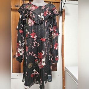Adrianna Papell Black Floral Ruffle-Trim Long Sleeve Dress